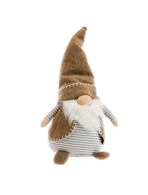 Gnome assis en tissu de couleur beige avec bonnet brun foncé - 23 x 13 x 38 cm