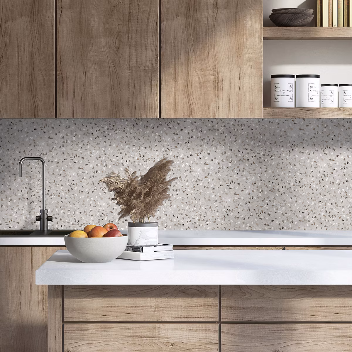 Crédence de cuisine effet terrazzo gris IDPanneaux L. 255 x H. 60 cm – Réf. QITZVBKSF0900456608