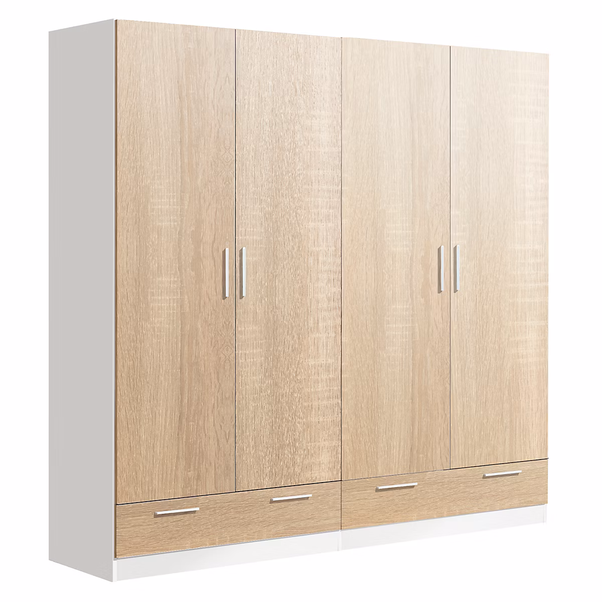 Armoire / placard de rangement de 4 portes + 2 tiroirs coloris Blanc / Chêne Cambrian – L. 202 x P. 51 x H. 200 cm