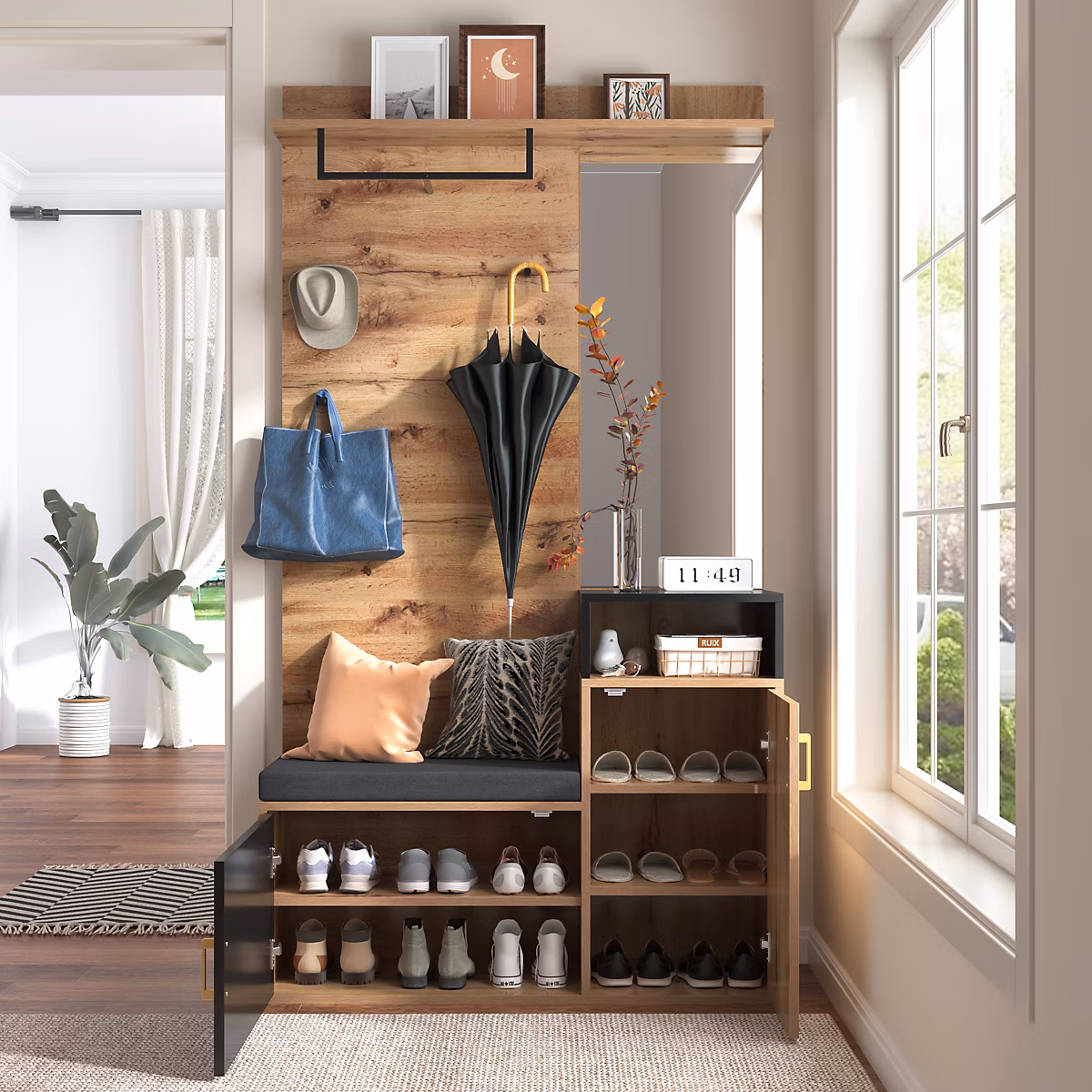 Armoire avec Miroir – Banc et Patère, Armoire à Chaussures, Panneaux de Particules et MDF, 105 × 38,5 × 190,5 cm, Naturel