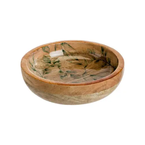 Coupe en bois de manguier à décor de feuillage vert - Ø 20 x H 5 cm