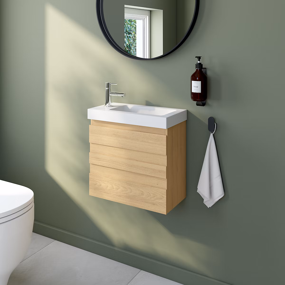 Ensemble meuble lave – mains Etty effet chêne l.44 cm + plan vasque lave, mains blanc en céramique Nira
