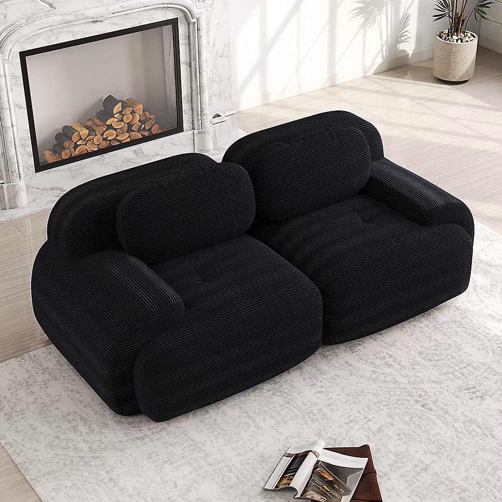Canapé 2 places – 82'',noir,velours côtelé,modulaire,accoudoirs incurvés,base antidérapante,rembourrage élastique