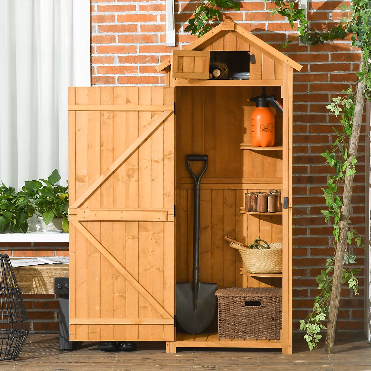 Armoire de Jardin | Meuble de Rangement avec 3 Étagères Amovibles et Fenêtre – Bois Jaune et Vert – 77x54 – 2 × 179 cm