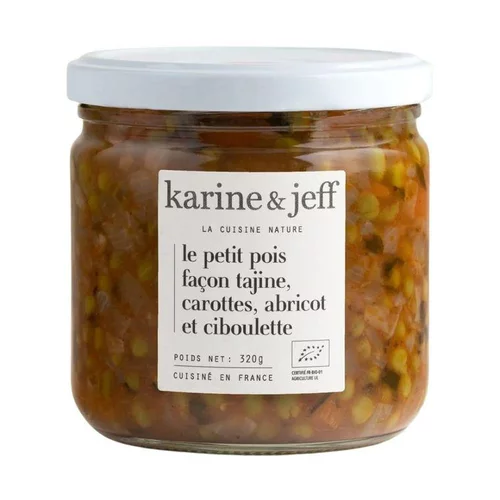 Bocal de petits pois façon tajine, carottes, abricots et ciboulette bio en pot Karine & Jeff - 320 g