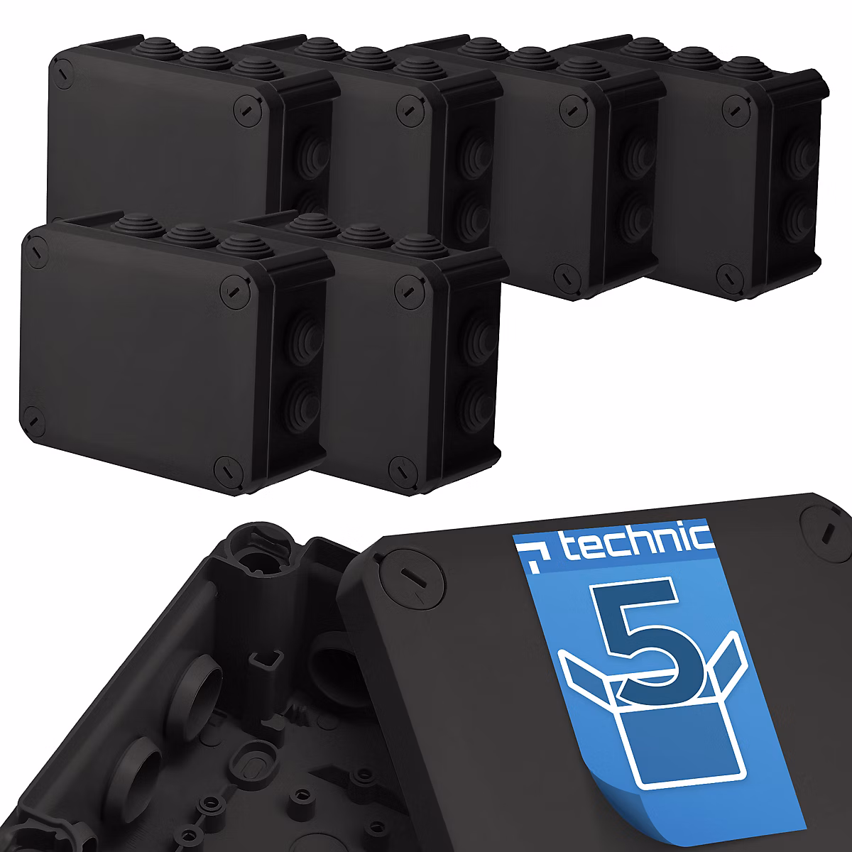 Boîte étanche en saillie avec presse-étoupes – résistante aux UV, couvercle vissé, 150 × 115 × 65 mm, IP66, noir, lot de 5 pièces