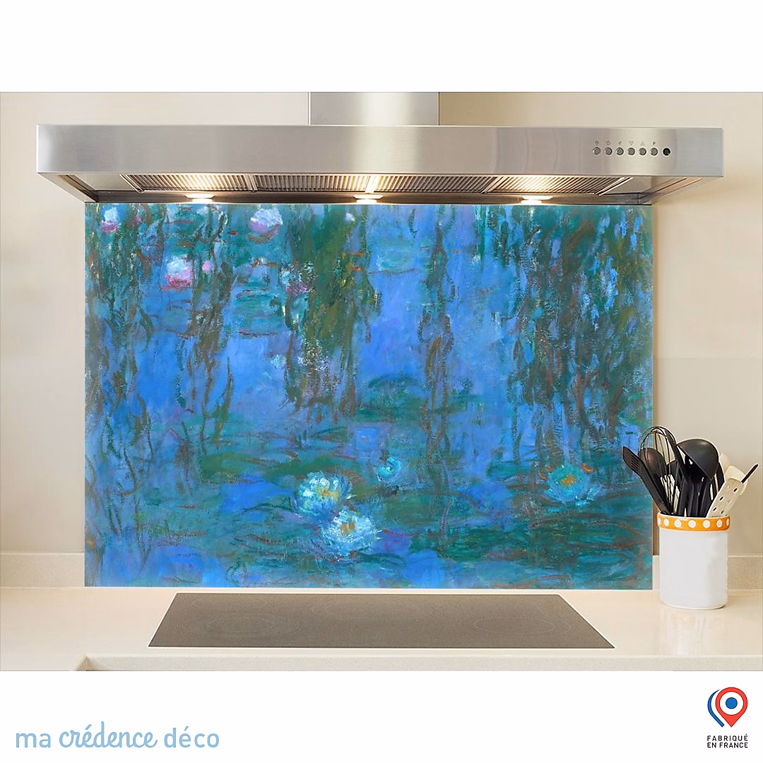 Crédence cuisine fond de hotte Claude Monet – Nymphéas bleus, Verre trempé, L 70 cm x H 60 cm, MaCrédenceDéco
