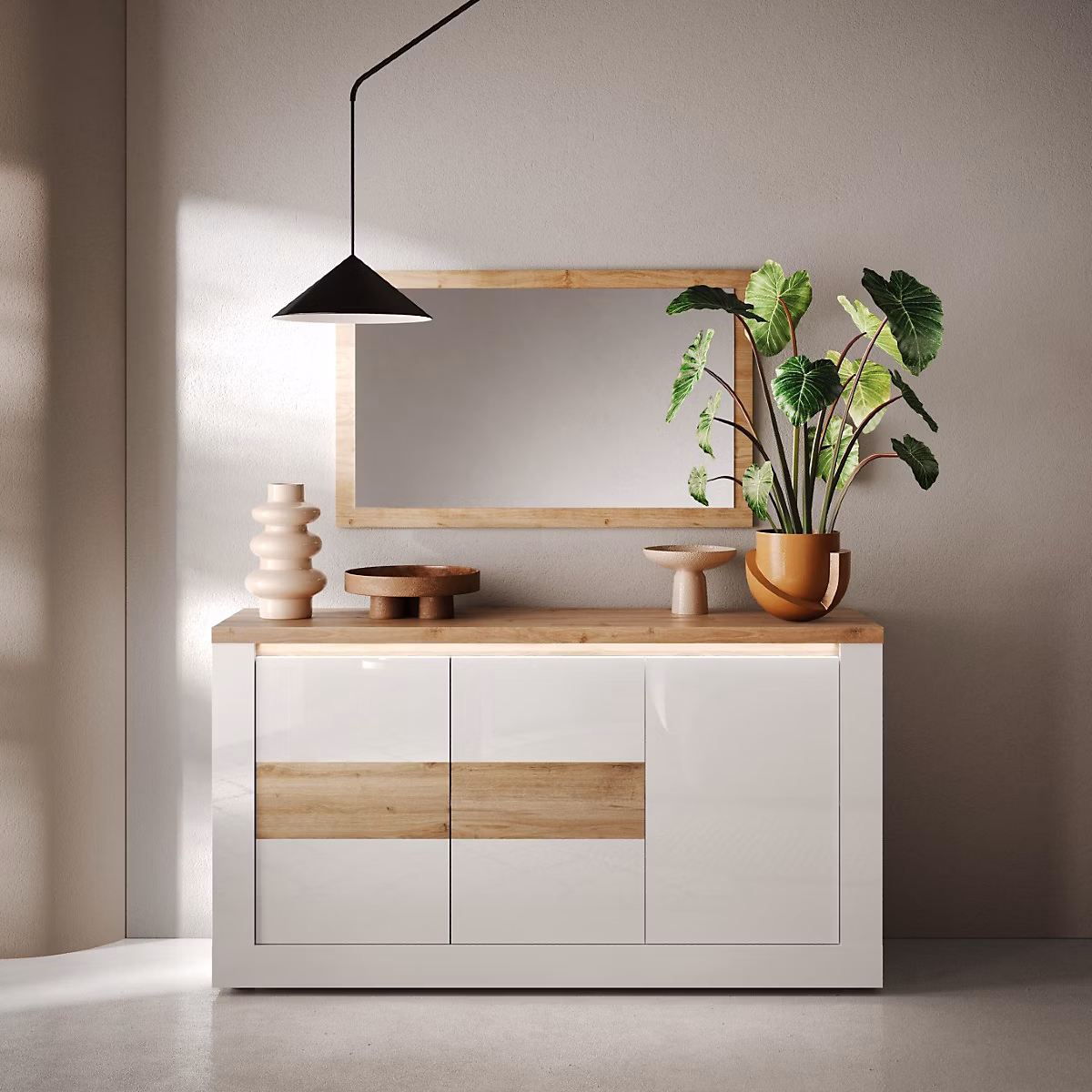Meuble – Buffet moderne 3 portes laqué blanc et bois 160cm ARIA