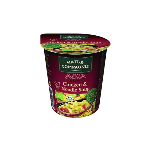 Soupe Asia au poulet et nouilles bio en bol rouge de 55 g