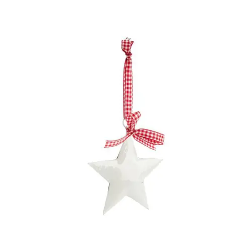 Décoration à suspendre étoile en métal blanc et nœud vichy rouge - Ø 10 cm