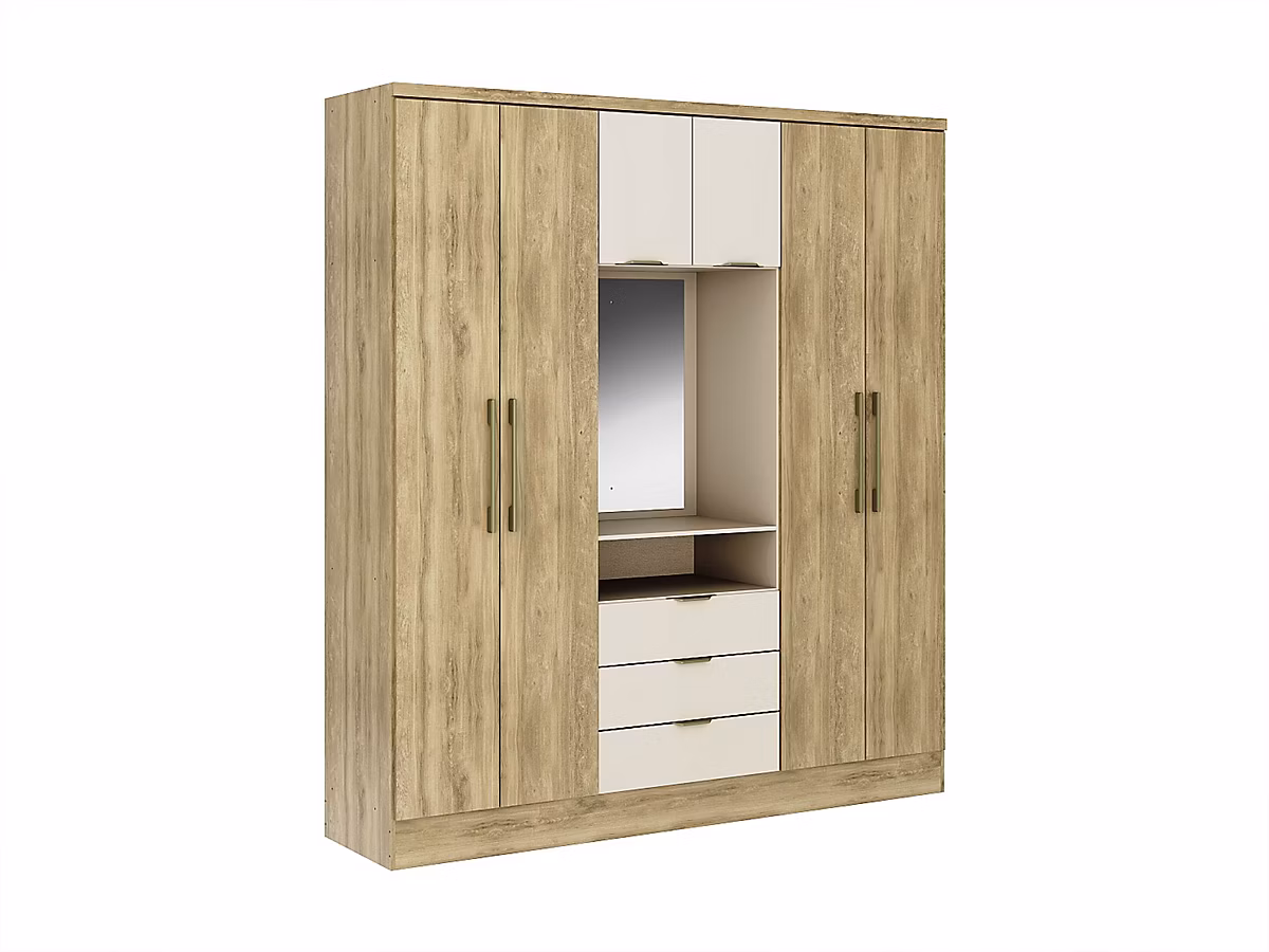 Armoire 6 portes et 3 tiroirs – Avec miroir, L180 cm, Coloris : Naturel et beige, ELORIO
