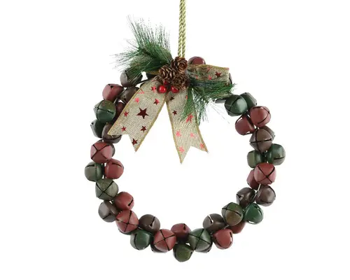 Couronne de clochettes en métal vert, rouge et brun avec nœud - Ø 25 x H 4 cm
