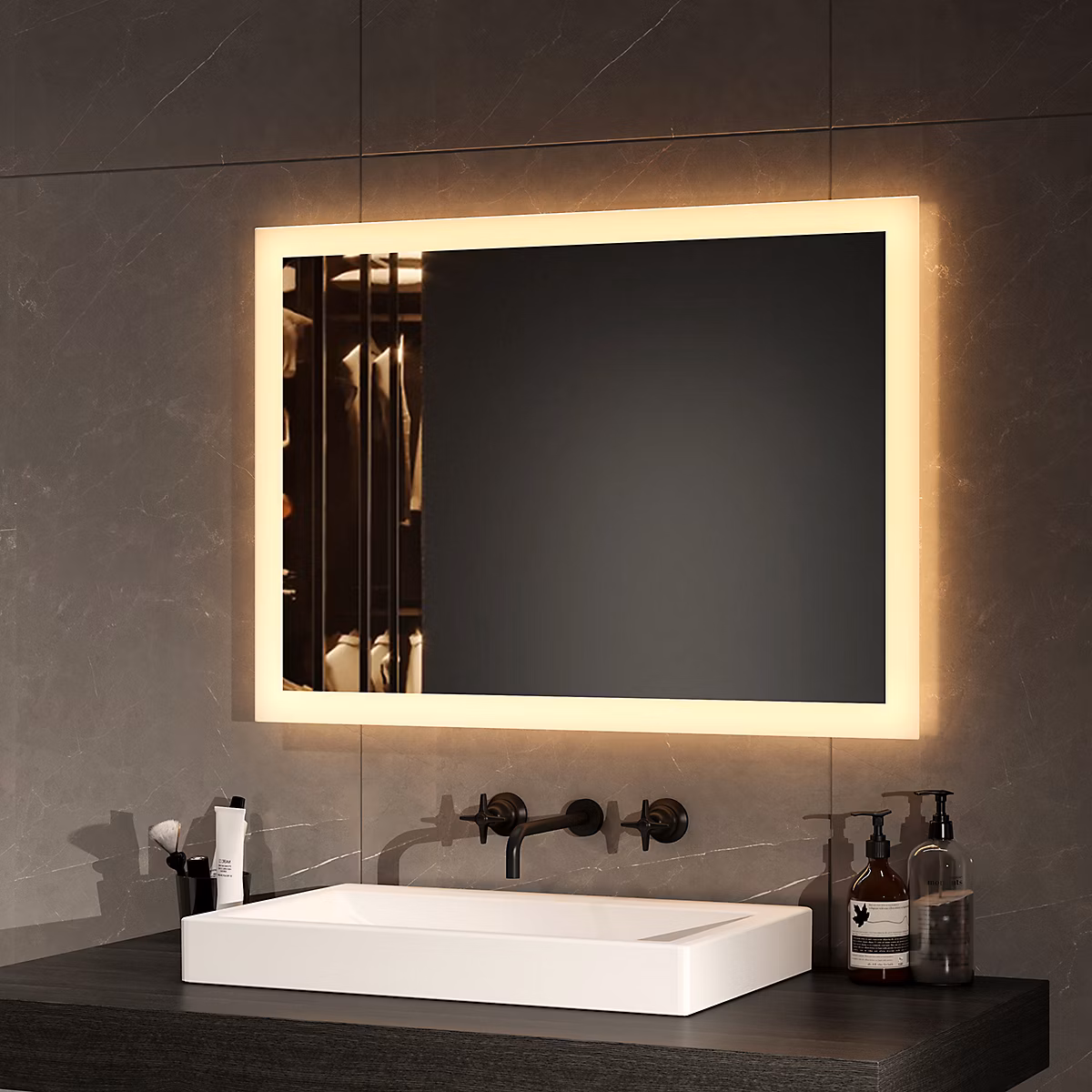 EMKE Miroir de Salle de Bain LED 50 × 70 cm | Miroir LED Rectangulaire – Éclairage 3000 K – Pose Horizontale ou Verticale