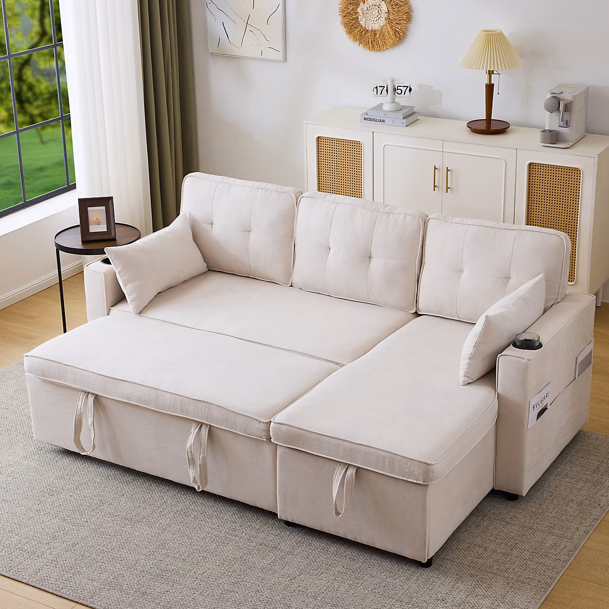 Canapé droit convertible 3 places avec rangement et porte-gobelets – structure en bois massif et fer, banquette beige convertible