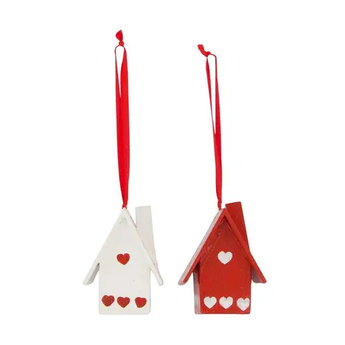 Décoration à suspendre maison en papier mâché rouge et blanche - 10 x 5 x 8 cm