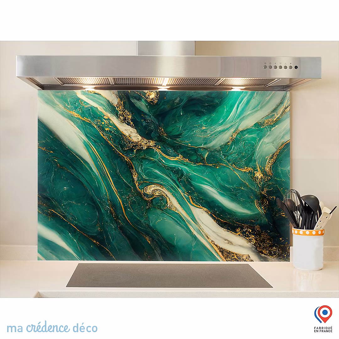 Crédence cuisine fond de hotte Marbre doré 6 – Verre trempé, L 90 cm x H 70 cm, MaCrédenceDéco