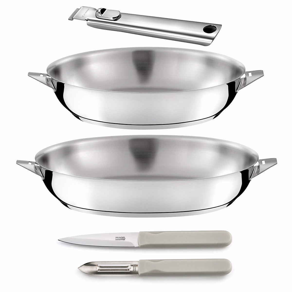 Eclipse – Set 2 poêles 24/28cm inox, 1 poignée amovible inox, 1 éplucheur et 1 couteau office