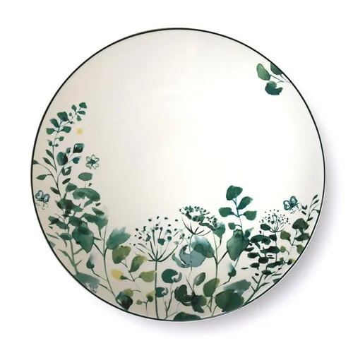 Assiette plate en grès Oxalis coloris blanc motif floral vert - Ø 27 cm
