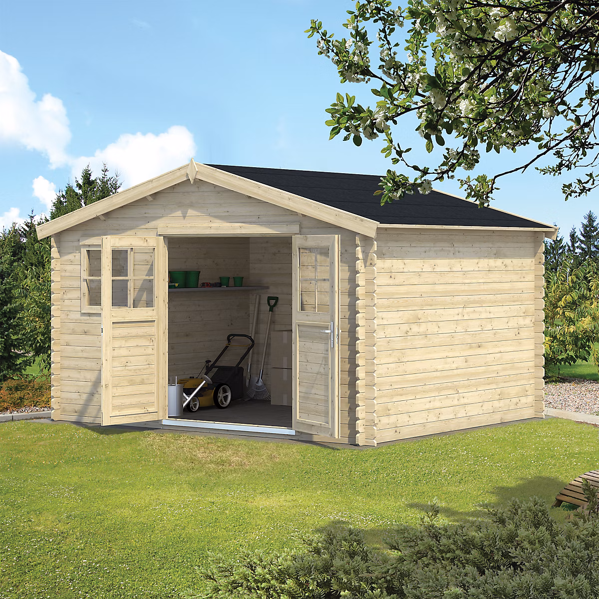 Abri de jardin GoodHome Belaïa bois naturel ép.28 mm surface totale 13.2m² | Abri de jardin