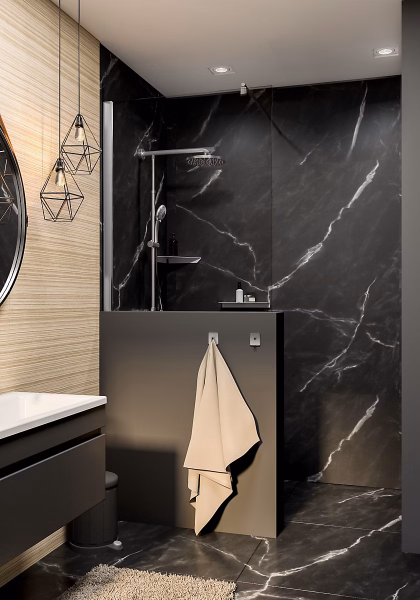 2 Panneaux muraux de salle de bains effet marbre de Carrare noir mat – l.100 x H.255 cm, Schulte Décodesign Softtouch