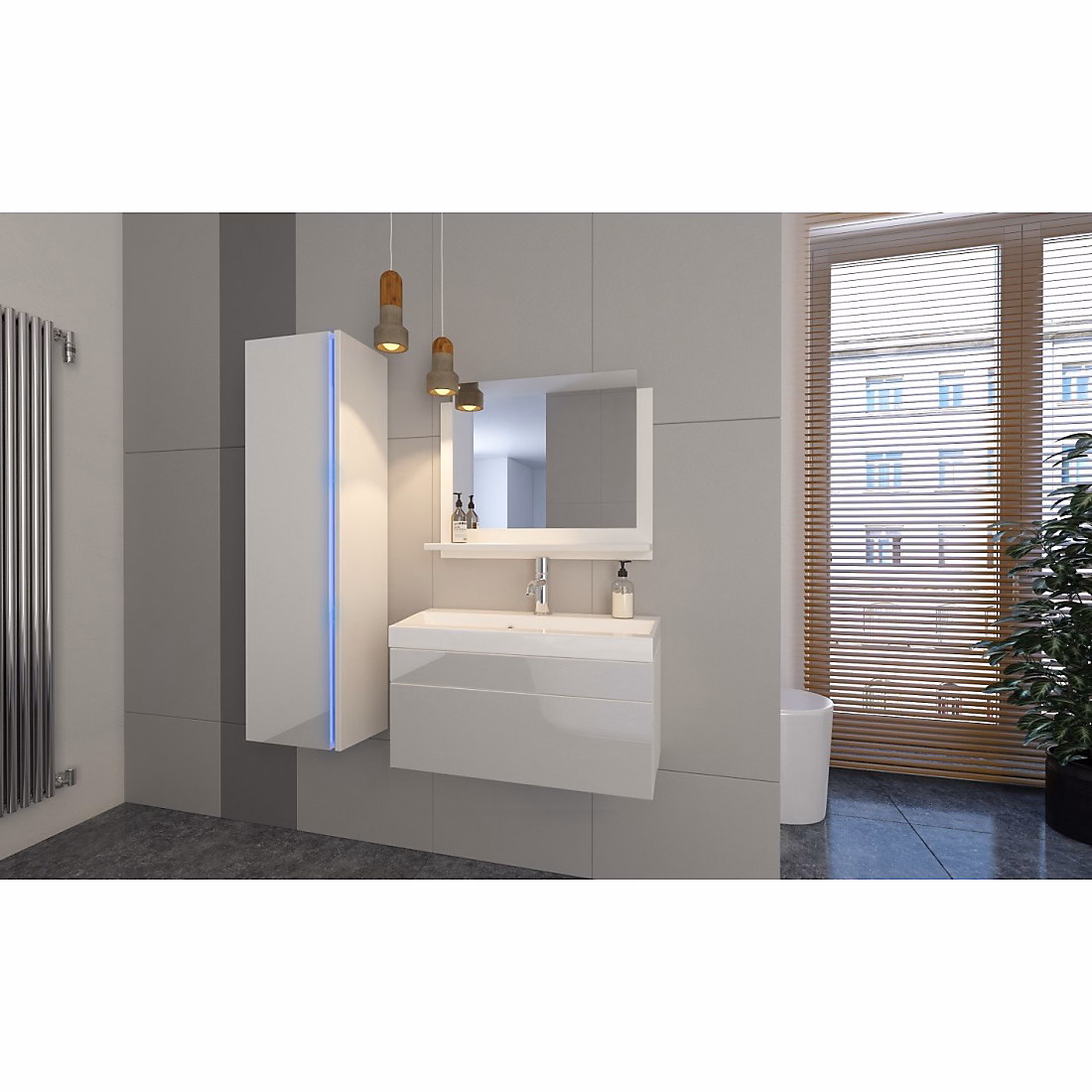 Ensemble meubles de salle de bain blanc collection BIRD. Colonne – meuble sous vasque, vasque 60cm