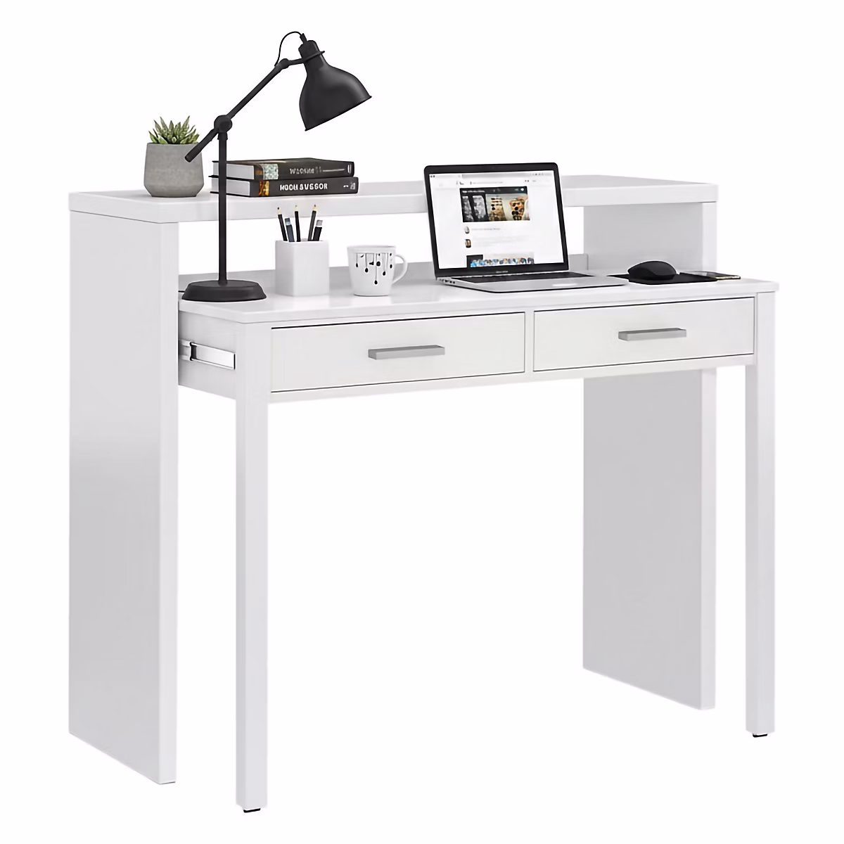 Bureau Billings – Bureau avec plateau extensible, Bureau PC avec 2 tiroirs, 99x36h88 cm, Blanc