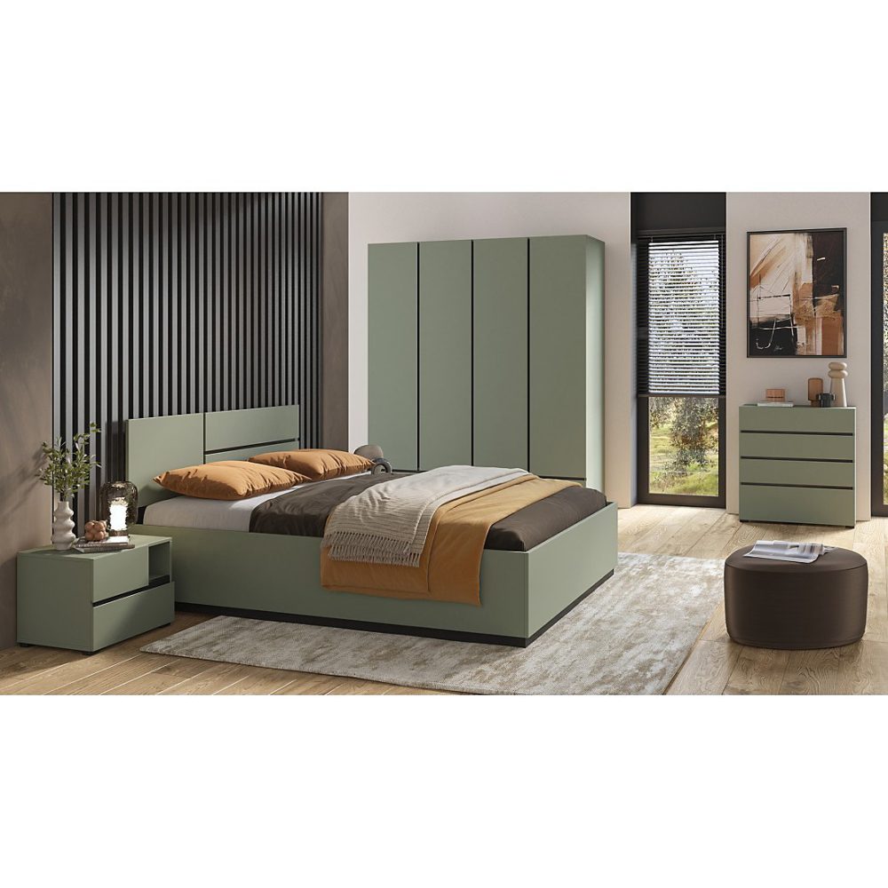 Chambre complète HAVANA Coloris vert sauge et noir Armoire – lit 180x200 | commode et chevets Ensemble design et fonctionnel