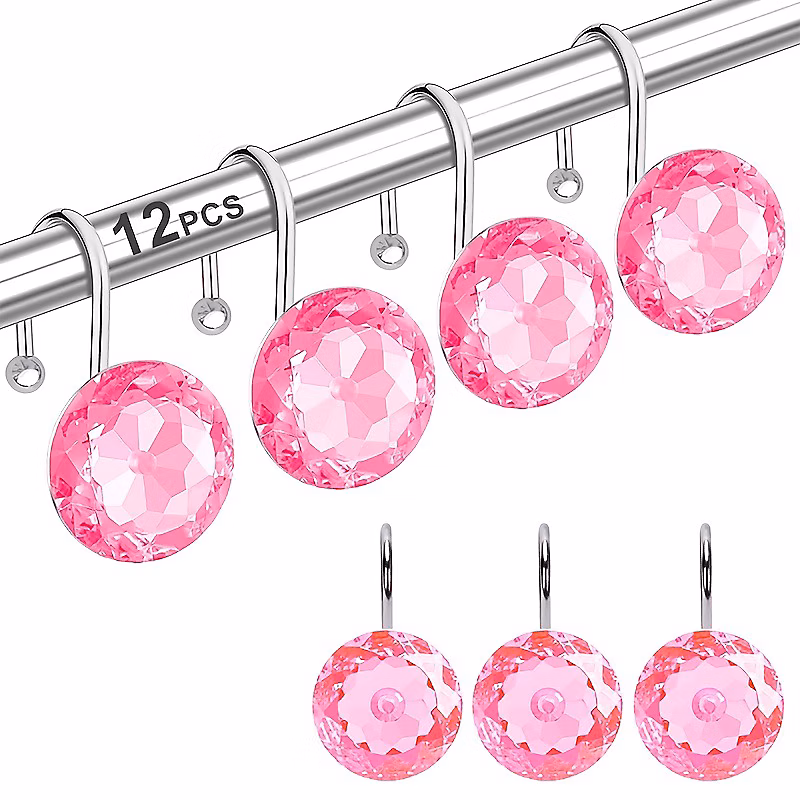 BASHLWUA (Rose) crochets décoratifs pour rideau de douche en acrylique | cristal et diamant – Crochets en acier inoxydabl – lot de 12