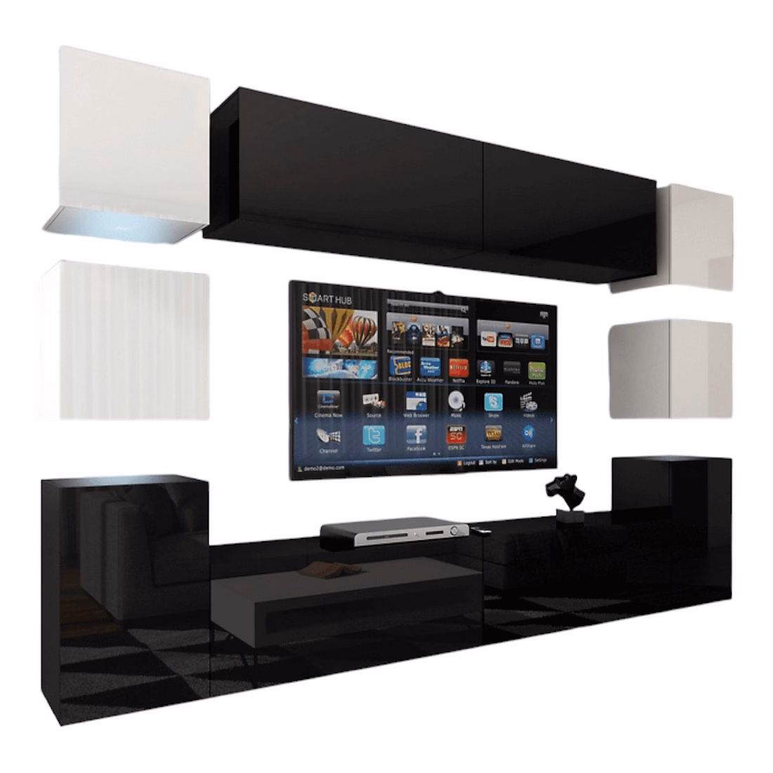 Ensemble meubles de salon noir et blanc suspendus collection CEPTO XIV 256 cm – 10 meubles, LEDs, cube blanc