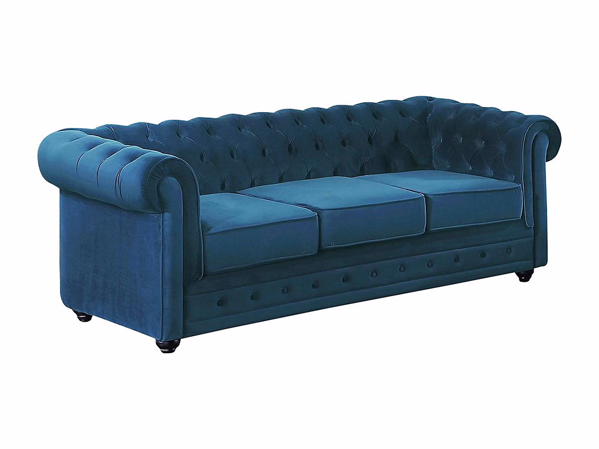Canapé 3 places CHESTERFIELD – Velours bleu canard