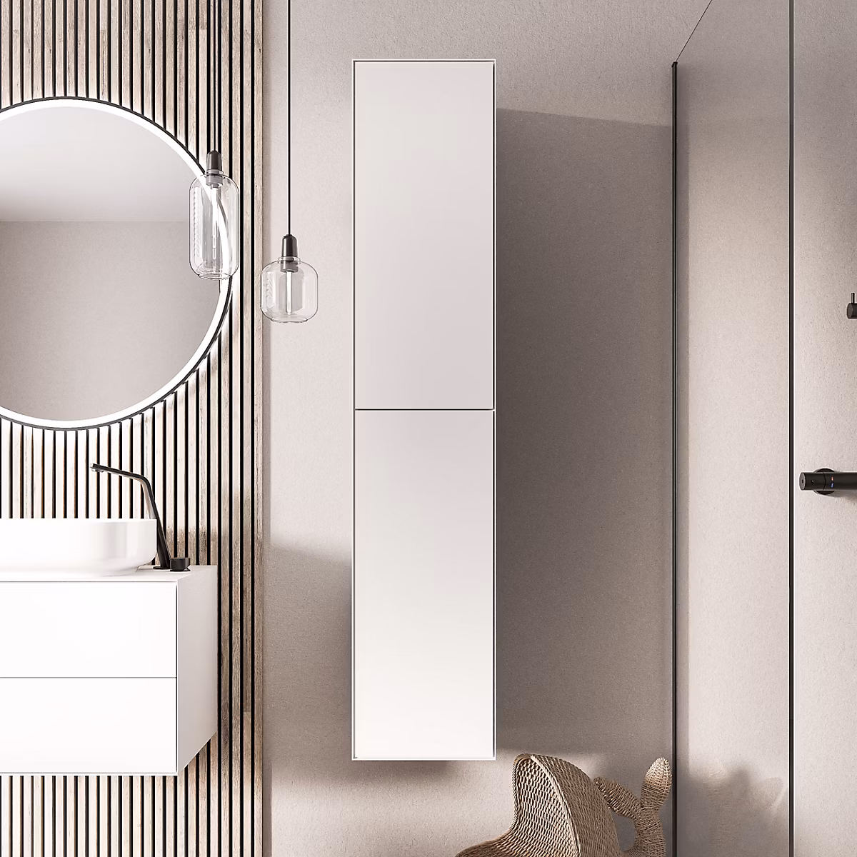 Colonne de salle de bain suspendue 35 × 35 × 170cm (LxPxH) Blanc mat 2 portes charnières gauche / droite – MILOU