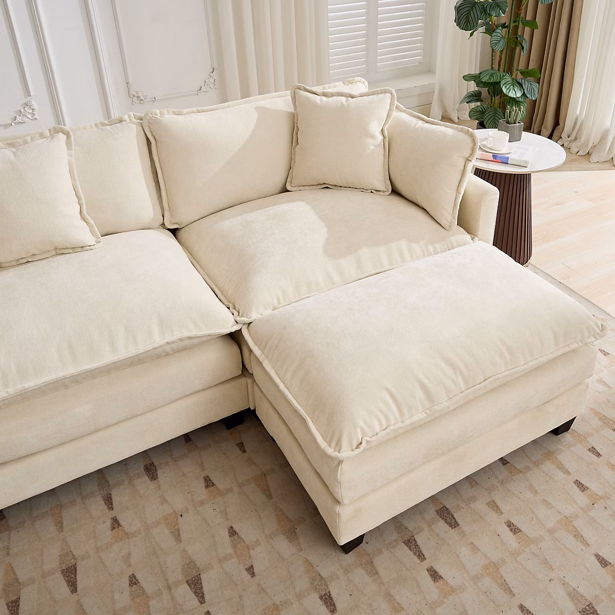 Canapé 1 place modulable (pouf) en chenille beige – assise double couche confortable | style contemporain