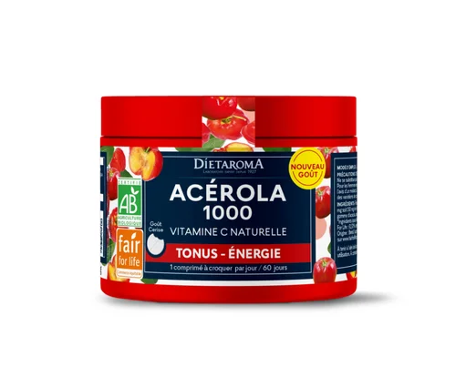 Complément alimentaire pilulier acérola 1000 vitamine c naturelle goût cerise bio équitable Dietaroma - 60 comprimés