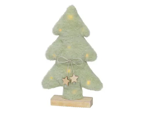 Sapin en fourrure vert tendre à micro LED blanc chaud sur socle en bois - 5 x 20 x 33,5 cm