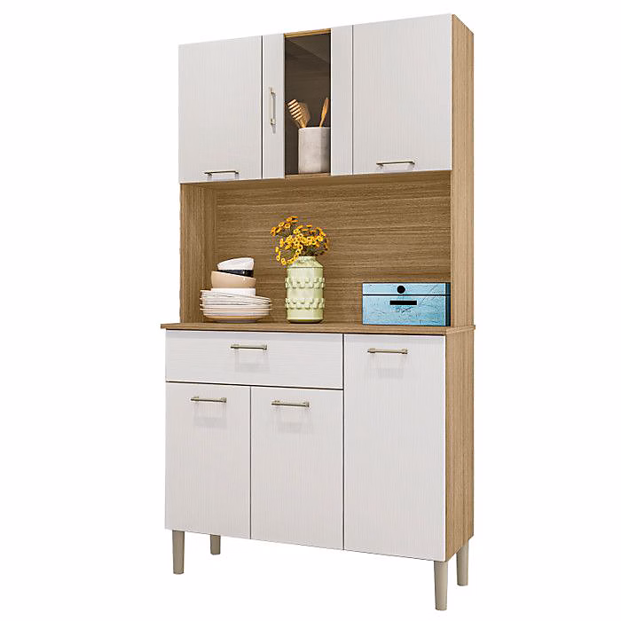 Buffet de Cuisine 6 Portes 1 Tiroir Chêne et Blanc 5 Niches L92 H170.5 P36.3 cm – L 92 x l 36.3 x H 170.5 cm