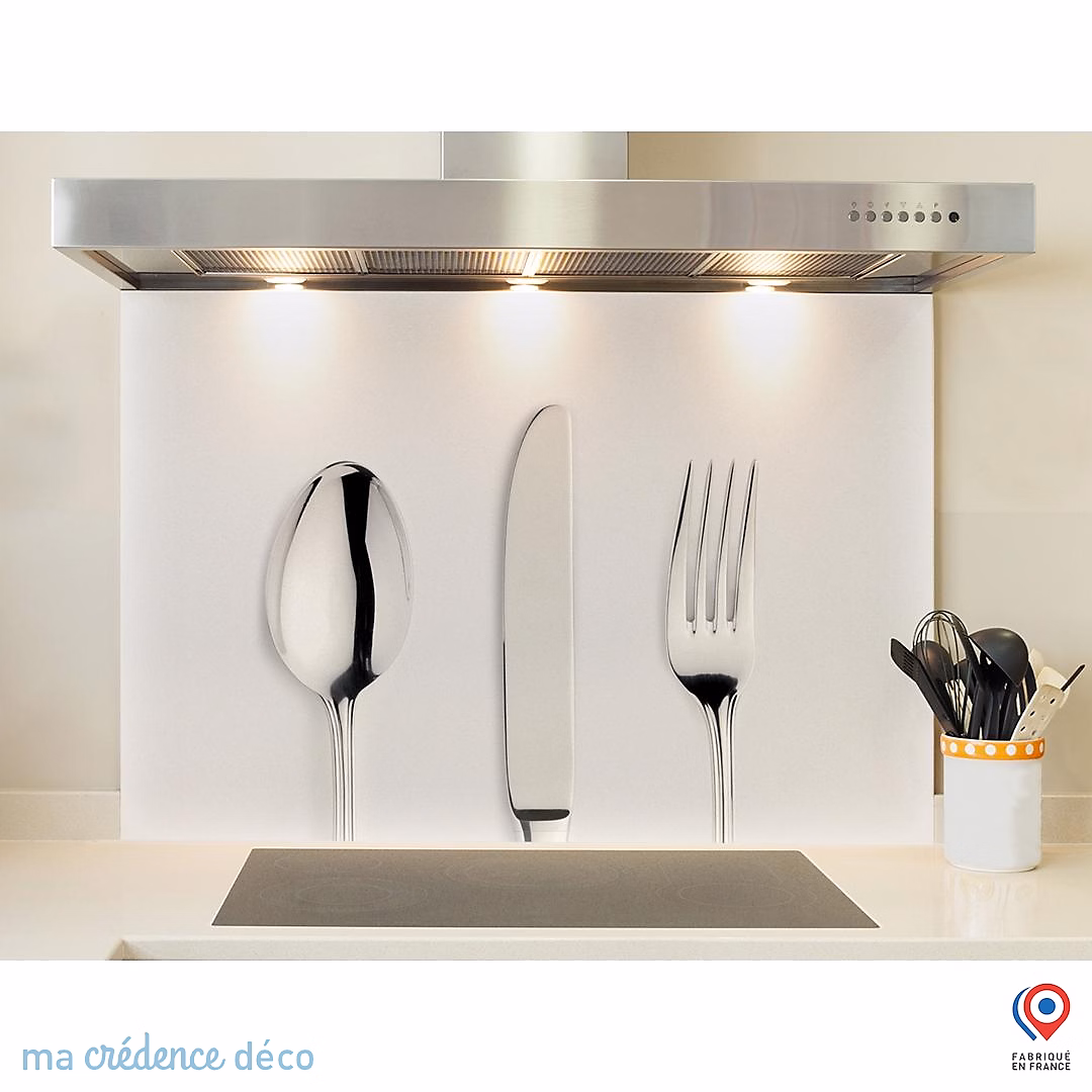 Crédence cuisine fond de hotte Couverts sur fond blanc – Verre trempé, L 90 cm x H 50 cm, MaCrédenceDéco
