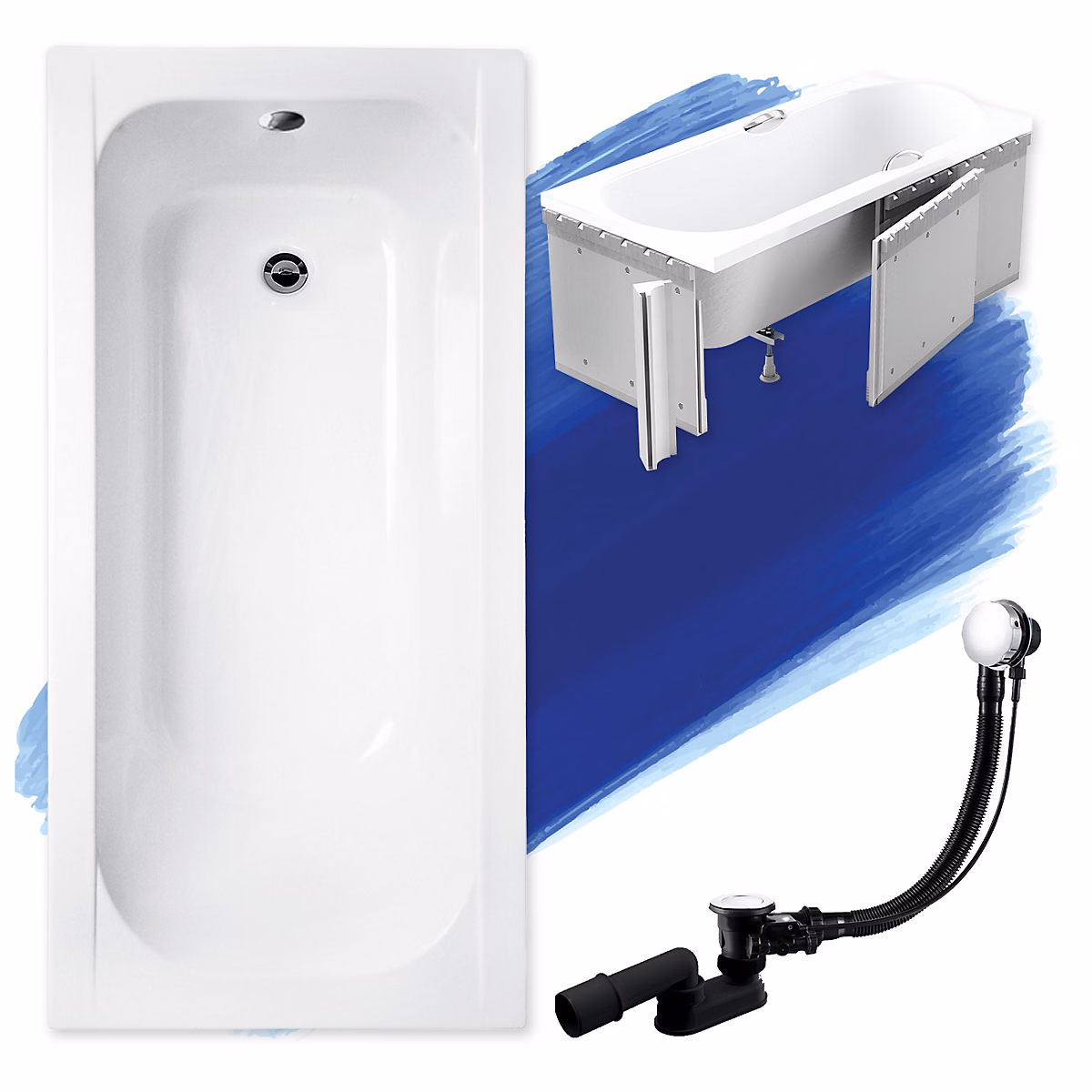 Baignoire rectangulaire 150 x 70 CONTINEA acrylique blanc + Habillage en polystyrène + Pieds + Vidage à chromé | Baignoire