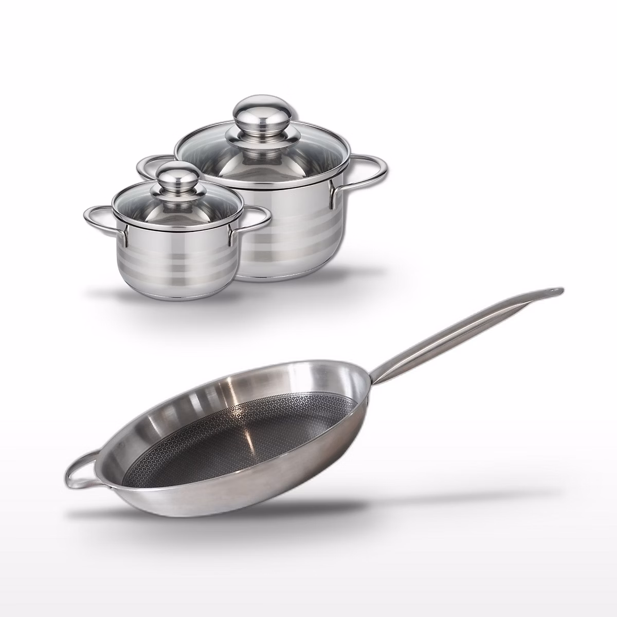 Matériel de cuisson – Batterie de cuisine Poêle 32 cm et faitouts 12/16 cm en acier inoxydable et aluminium Elo Collection Relief Solution Brillant