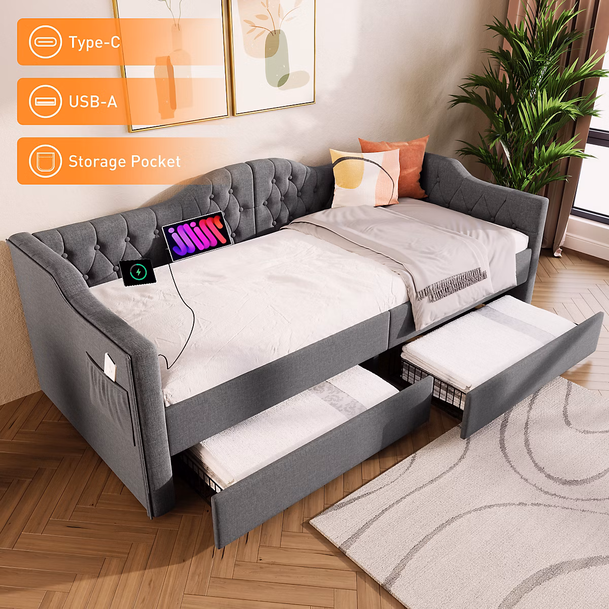Canape lit 90 × 190 cm en tissu lin gris tete capitonnee accoudoirs nuage 2 tiroirs et ports USB Type C