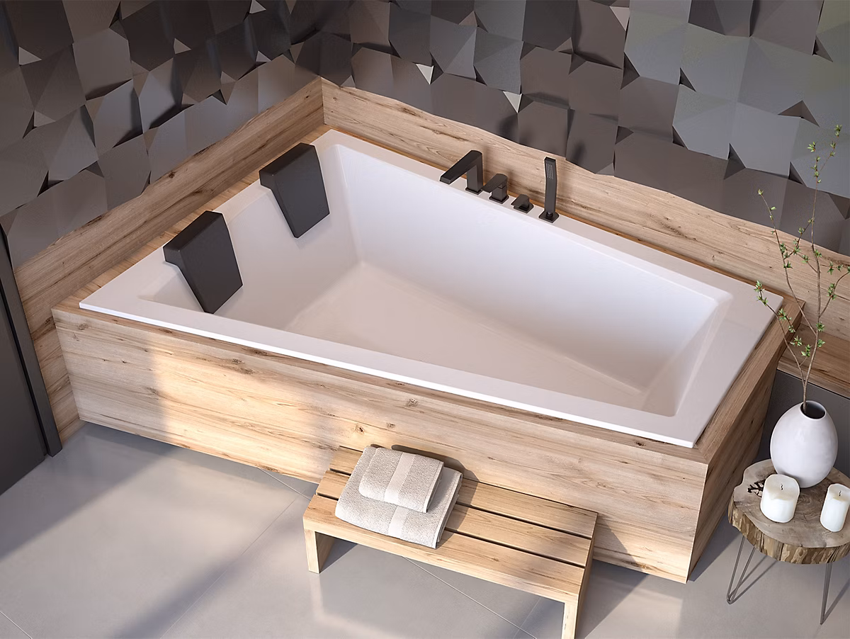 Baignoire asymétrique 180 × 125 Gauche INTIMA SLIM acrylique blanc+Habillage en polystyrène(4 cm)+Repose Tête+Pieds +Vidage à chromé