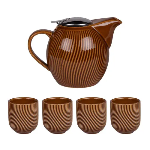 Coffret théière 0,9 L et 4 gobelets en grès marron Mao - les 5 pièces