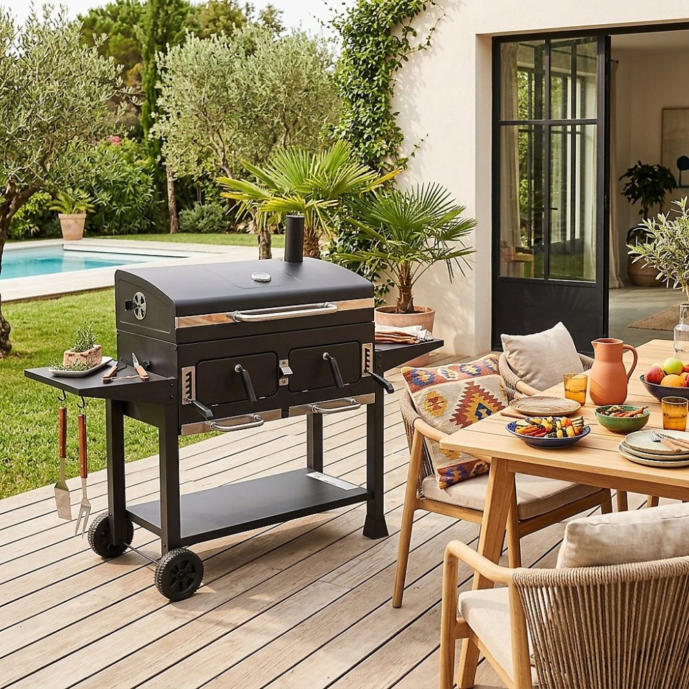 Barbecue Grill charbon de bois – Bernard XL Noir | Avec récupérateur de cendres. aérateurs. bac charbon ajustable et tablettes