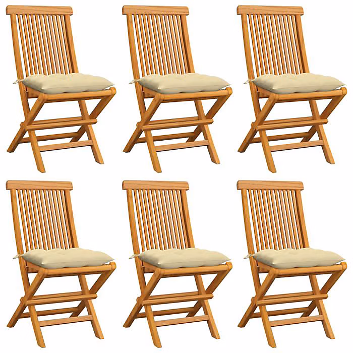 Chaises de jardin pliables en teck massif avec coussins blanc cassé – VIDAXL, Ensemble de 6