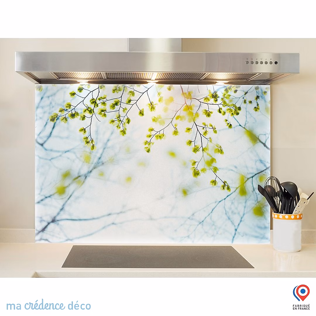 Crédence cuisine fond de hotte feuilles et lumière – Verre trempé, L 90 cm x H 50 cm, MaCrédenceDéco
