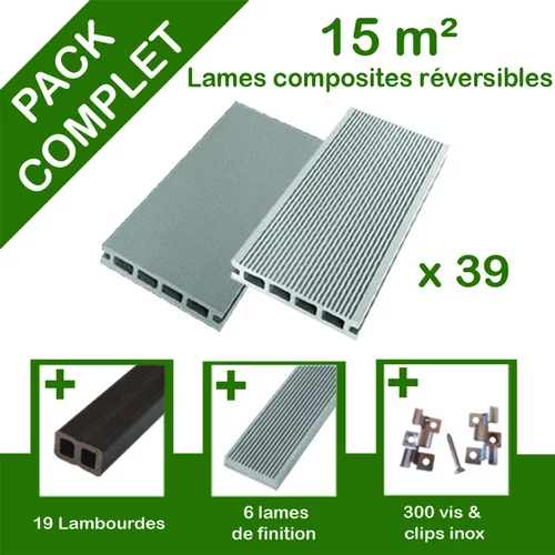 Pack complet terrasse composite gris 15 m2