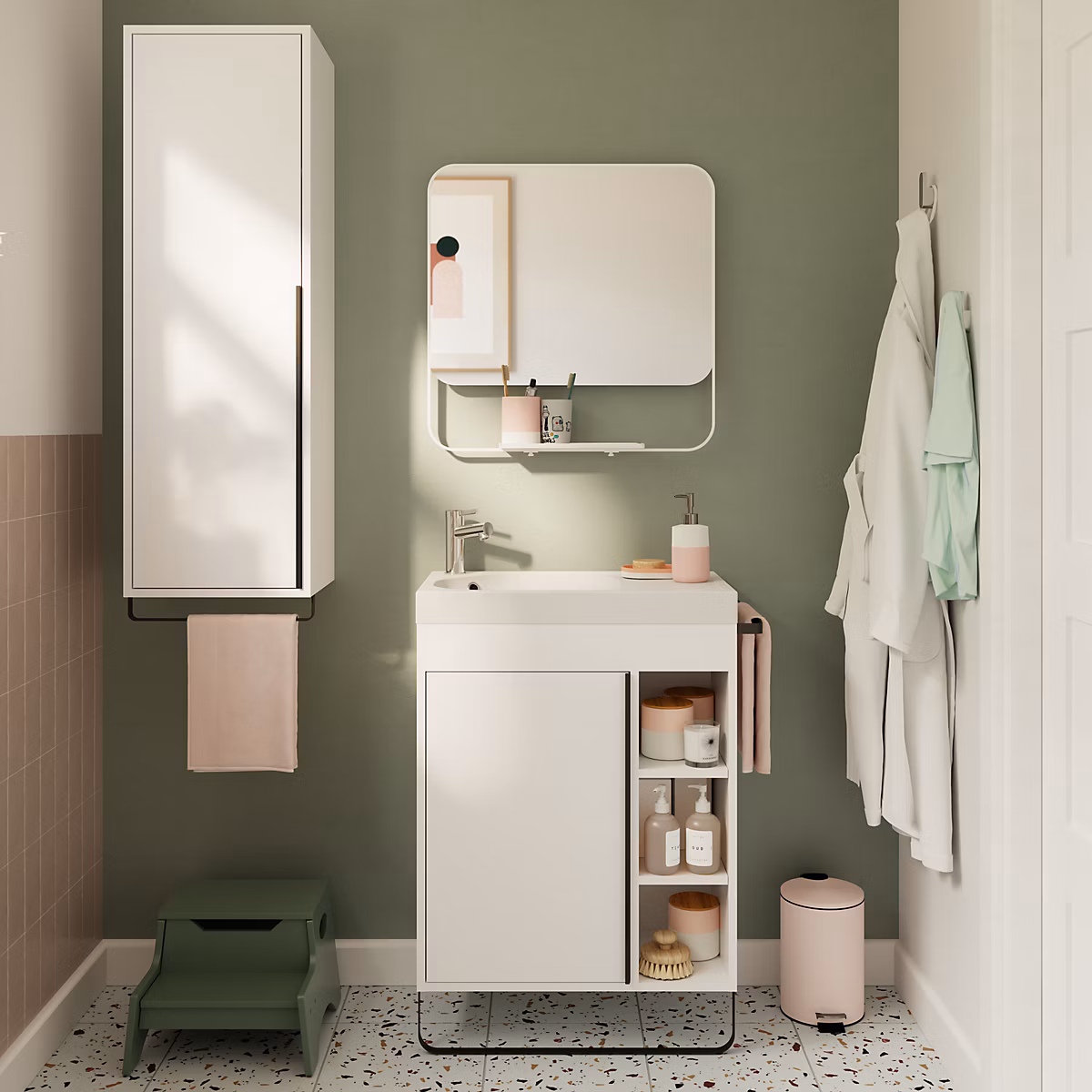 Meuble vasque faible profondeur blanc avec porte-serviettes l.65 x H.82 x P.36 cm + plan vasque résine blanc + miroir – GoodHome Maza