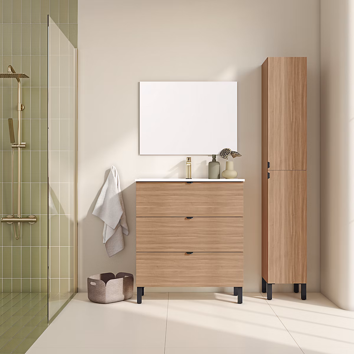 Meuble sous vasque à poser 80 cm effet chêne Parona avec plan vasque et miroir – Otto