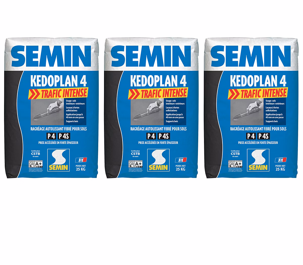 Enduit de Ragréage autolissant Kedoplan 4 Traffic Intense Semin – Intérieur/Extérieur, Sac 25 kg (lot de 3)