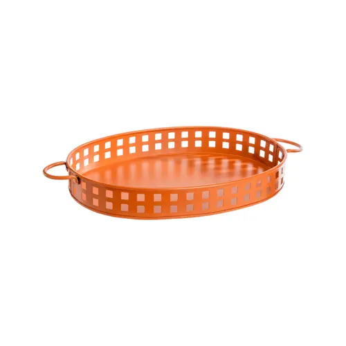 Plateau ovale à bords ajourés en métal galvanisé orange - 38 x 28 x 15 cm