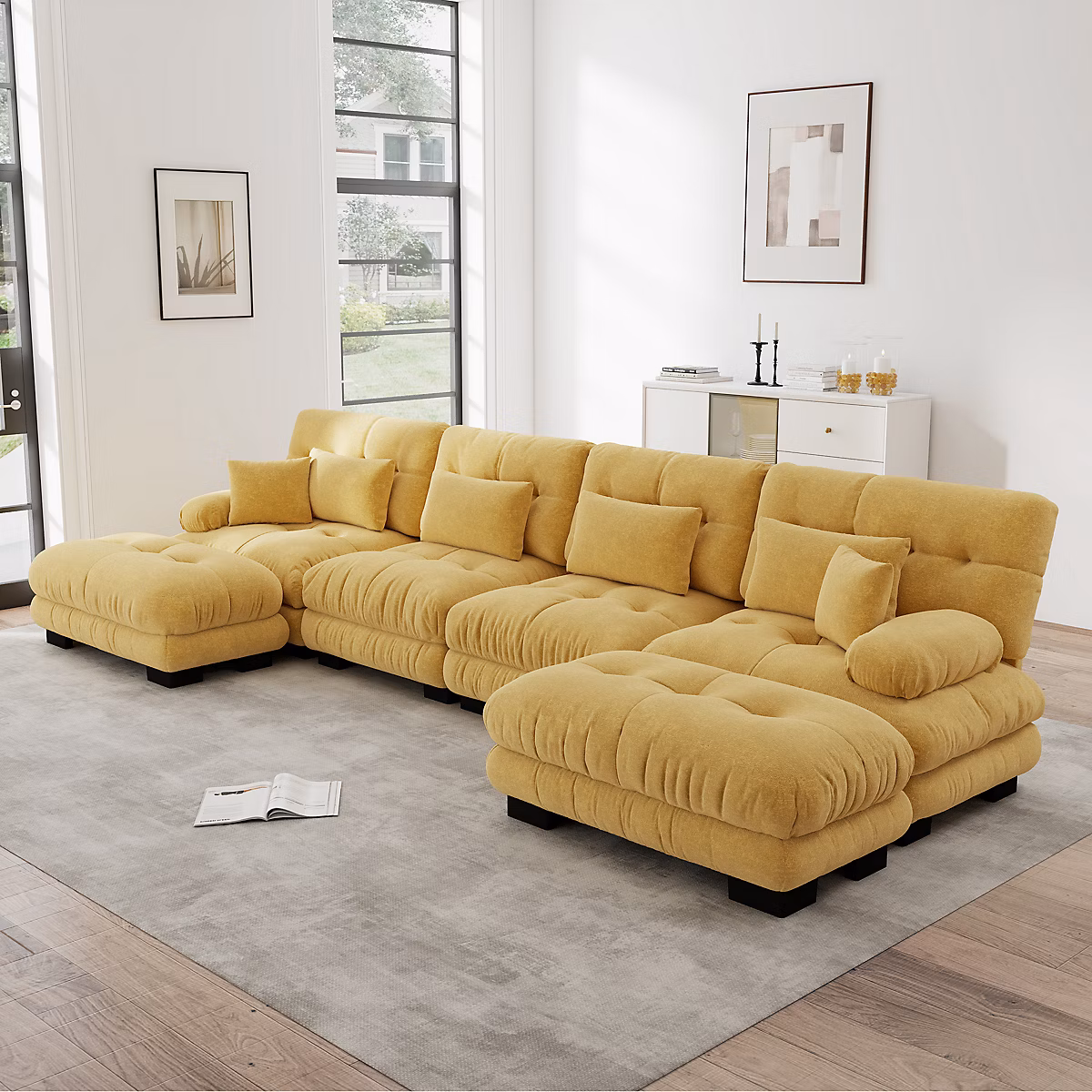 Canapé d'angle modulaire – 4 places, jaune, U, forme, ottoman mobile